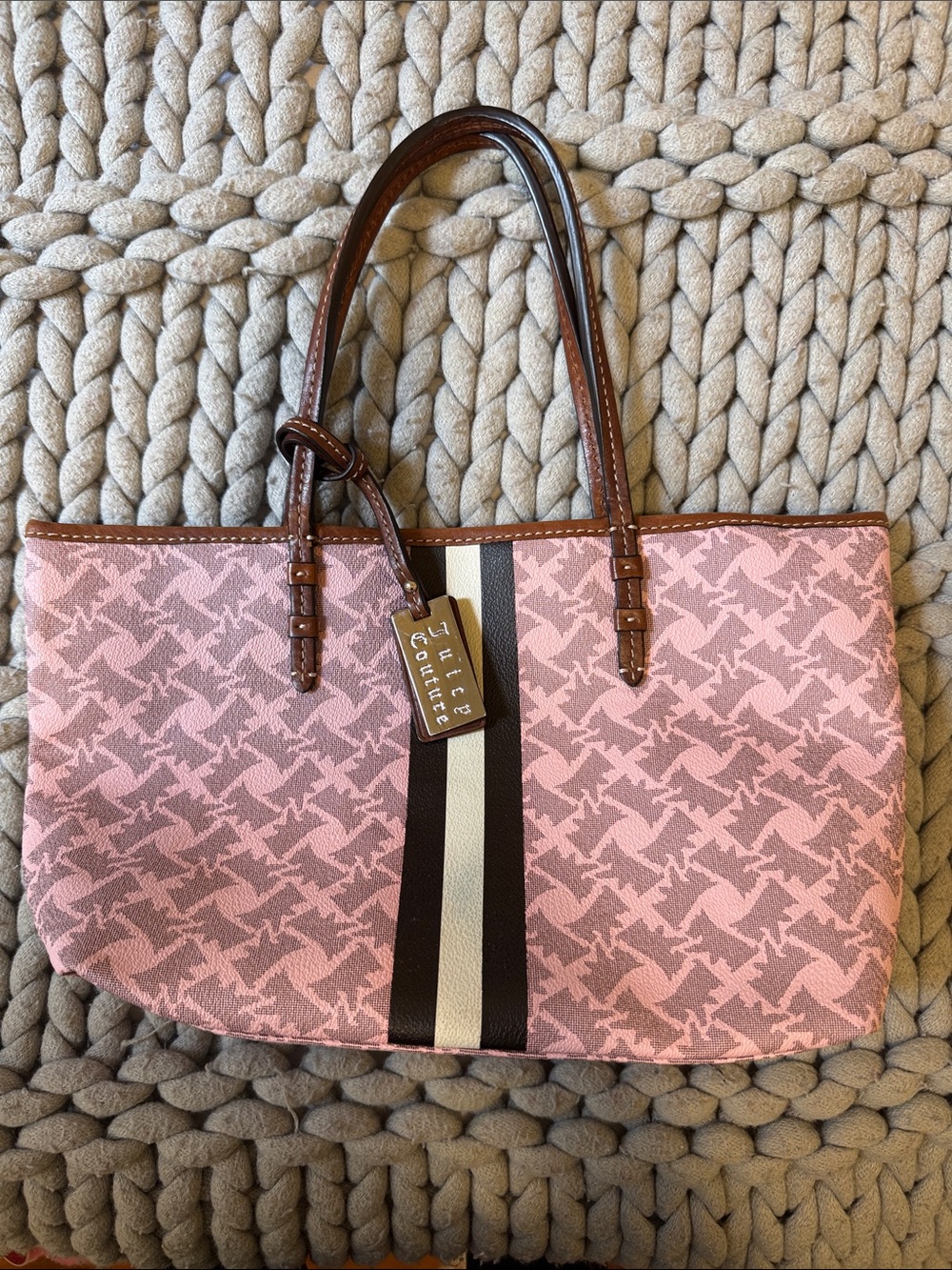 Juicy Couture Pink Patterned Shoulder Tote with Brown Straps and Center Stripe
